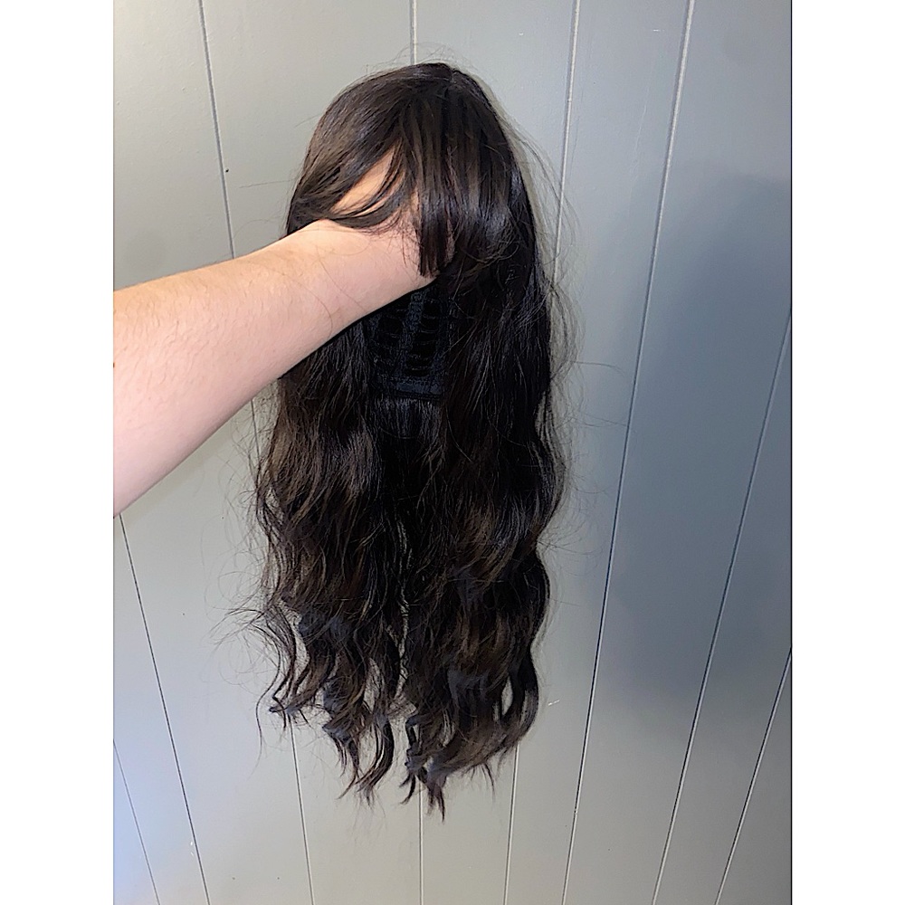 Synthetic 25 inch layered brown wavy wig with bangs